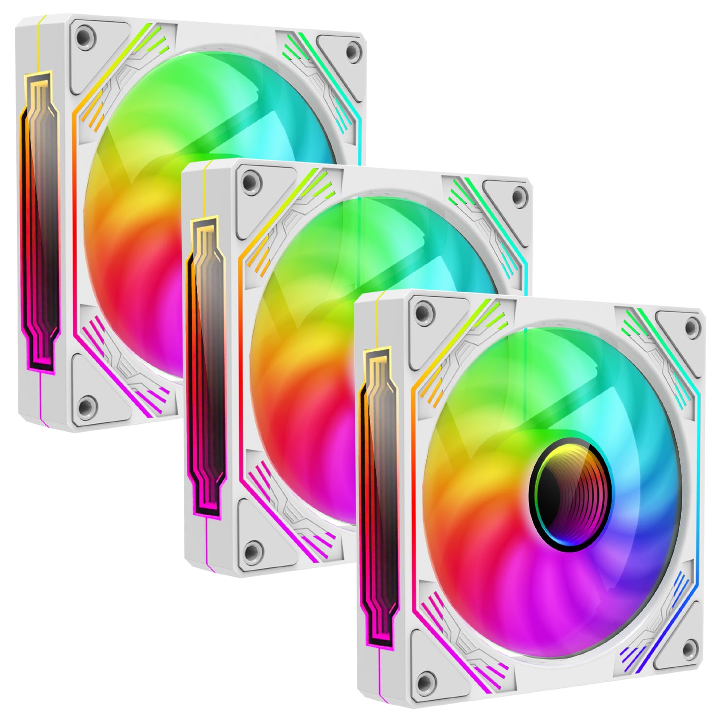 RGB Fans 120mm PWM Fans 3 Pack White PC argb Fans, HM-120 pc pwm RGB Fans with 12v 4pin pwm and 5v 3pin argb Plug, Infinity Mirror ARGB Addressable Lighting - Low Noise Computer Fans for PC Cooler and Case