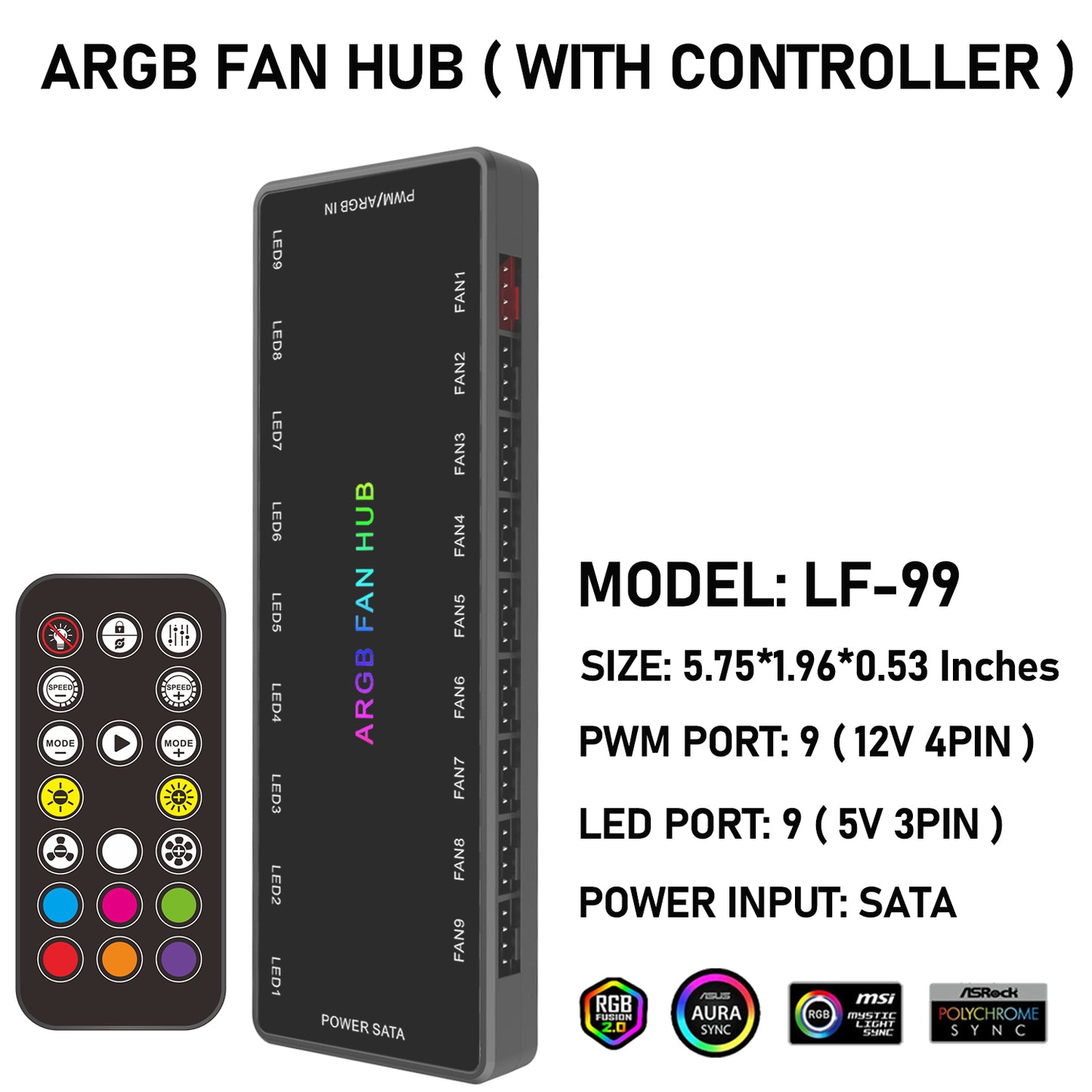 ARGB PWM Fan Hub, Addressable 5V 3PIN ARGB 12V 4Pin PWM 2-in-1 RGB Case Fan Hub with Controller and SATA Power Input, 9 Port for Fans and 9 Port for LEDs,Support 9 Computer CPU ARGB PWM Fans Splitter