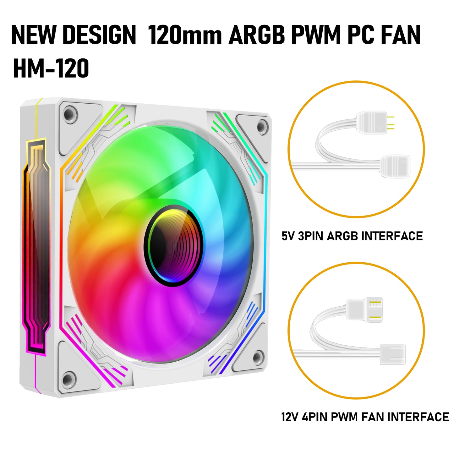 RGB Fans 120mm PWM Fans 3 Pack White PC argb Fans, HM-120 pc pwm RGB Fans with 12v 4pin pwm and 5v 3pin argb Plug, Infinity Mirror ARGB Addressable Lighting - Low Noise Computer Fans for PC Cooler and Case