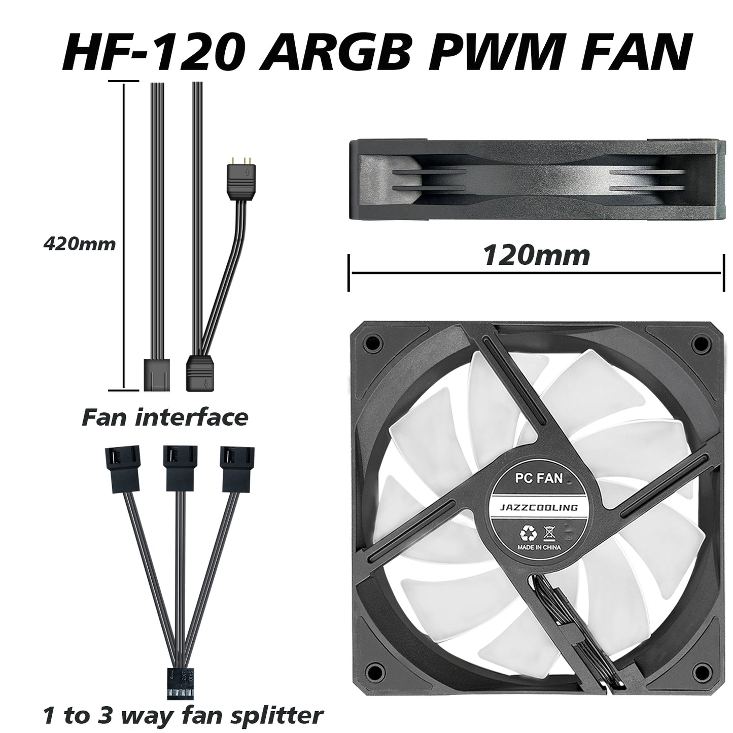 JAZZCOOLING ARGB Fans, PC Fans 120mm PWM Fans 3 Pack 5V-3PIN Addressable RGB Fans, HF-120 PC Cooling Fans, 1800RPM 73.6CFM Quiet Under 33.8dBA, Computer Fans for PC Case CPU Cooler and Liquid Cooler.