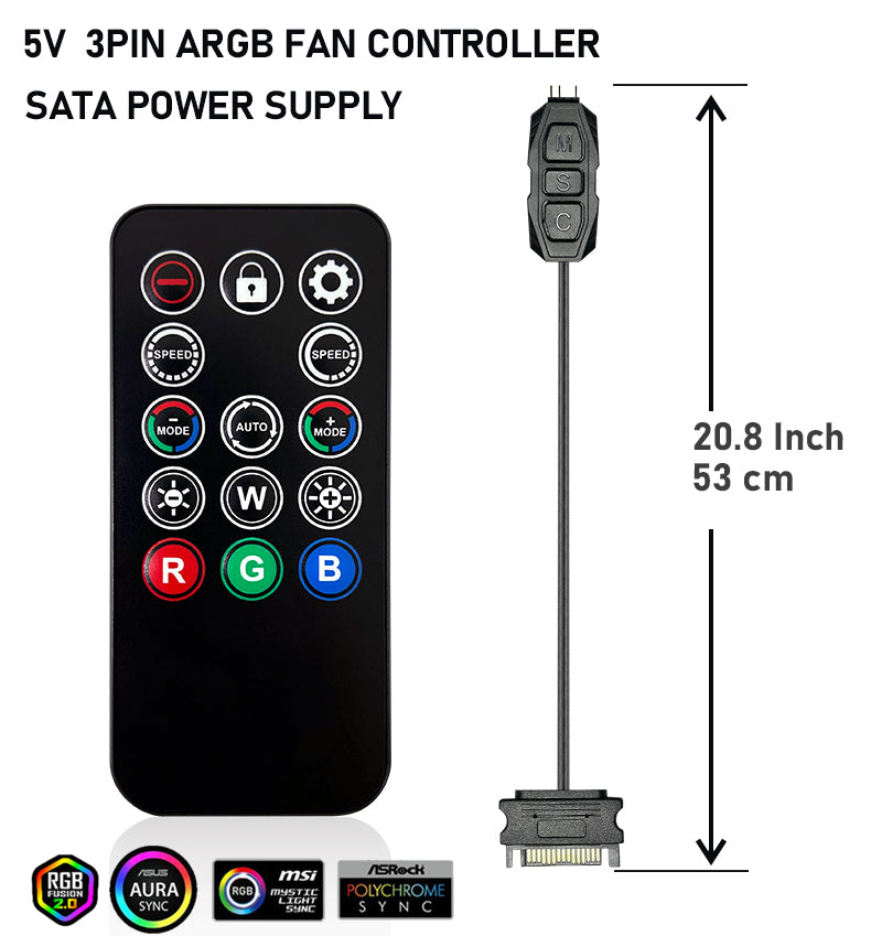 ARGB Controller Kit for PC RGB Case Fans, ARGB Splitter, SATA Power RGB Fan Controller, Computer ARGB Fans Hub Control RGB and Single Light Effect, 14 Key Remote Control Switch Colors RGB Fan hub