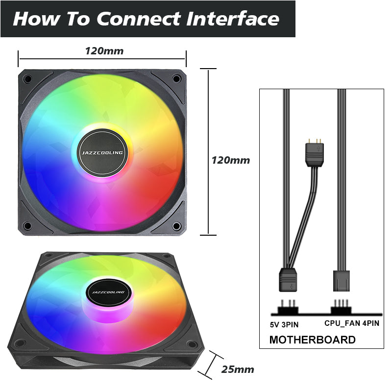 JAZZCOOLING ARGB Fans, PC Fans 120mm PWM Fans 3 Pack 5V-3PIN Addressable RGB Fans, HF-120 PC Cooling Fans, 1800RPM 73.6CFM Quiet Under 33.8dBA, Computer Fans for PC Case CPU Cooler and Liquid Cooler.