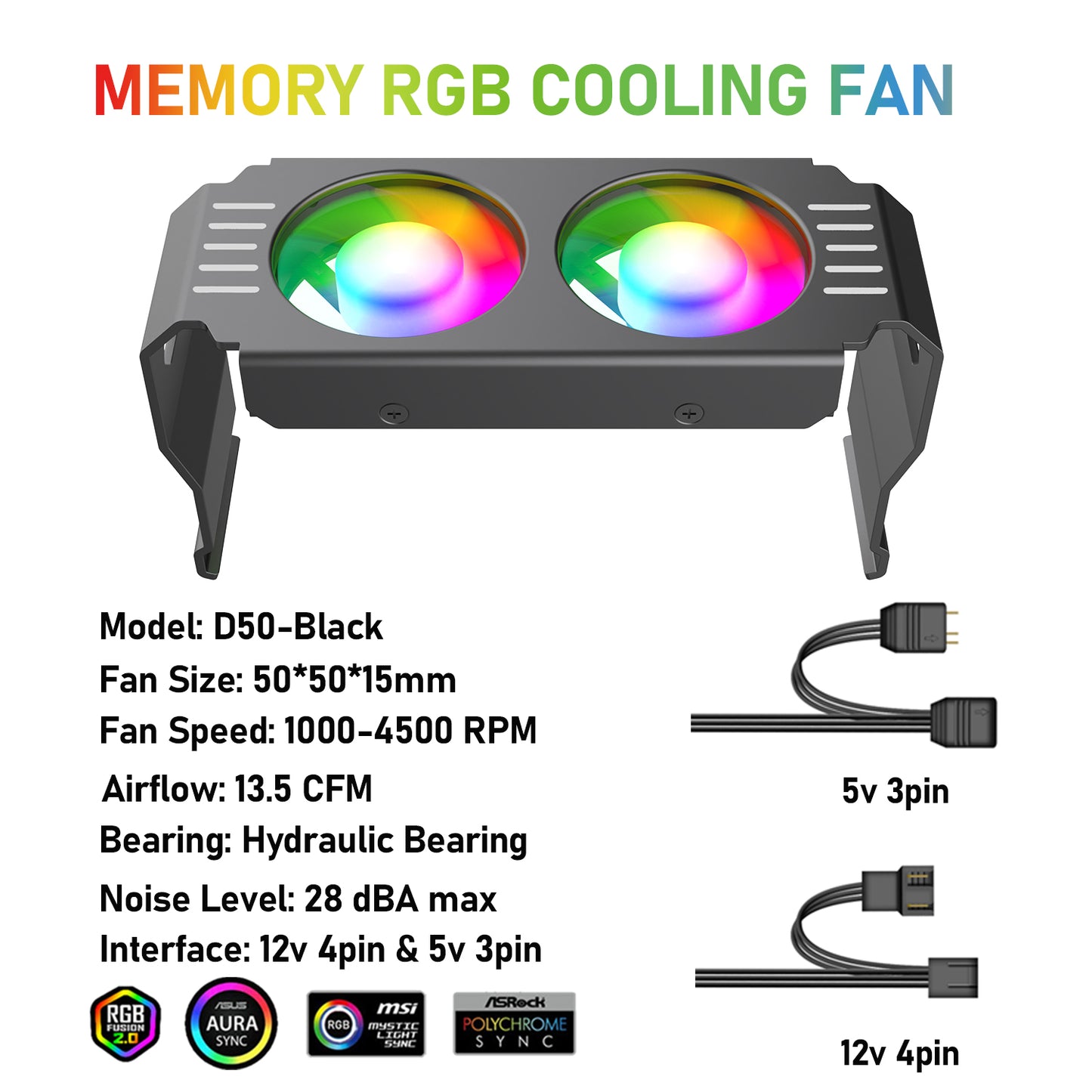 JAZZCOOLING Computer Memory Ram Radiator Aluminum Heatsink ram Cooler Fan with Dual 50mm 4Pin PWM &5V 3PIN ARGB ram Cooling Fan for Memory Module Cooling Solution (WHITE)