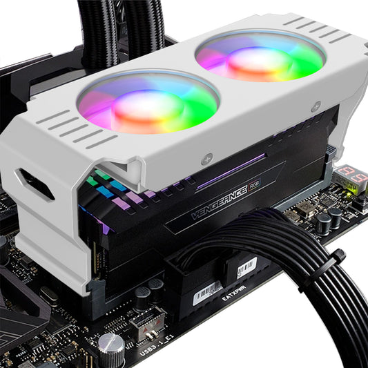 JAZZCOOLING Computer Memory Ram Radiator Aluminum Heatsink ram Cooler Fan with Dual 50mm 4Pin PWM &5V 3PIN ARGB ram Cooling Fan for Memory Module Cooling Solution (WHITE)