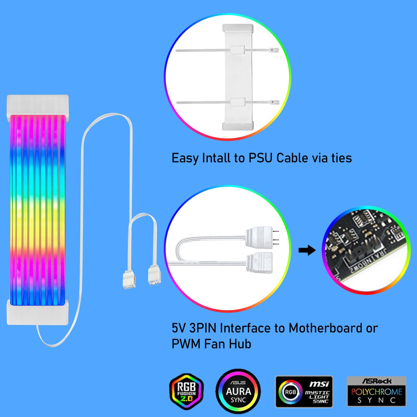 JAZZCOOLING PC RGB Light Panel for PSU Cables PC RGB GPU Cable, CL200 5V 3Pin ARGB Sync PC Cables, Pefect for 6Pin 8Pin 12Pin 16Pin 24Pin PSU RGB Cable Extensions, Colorful for PC Case