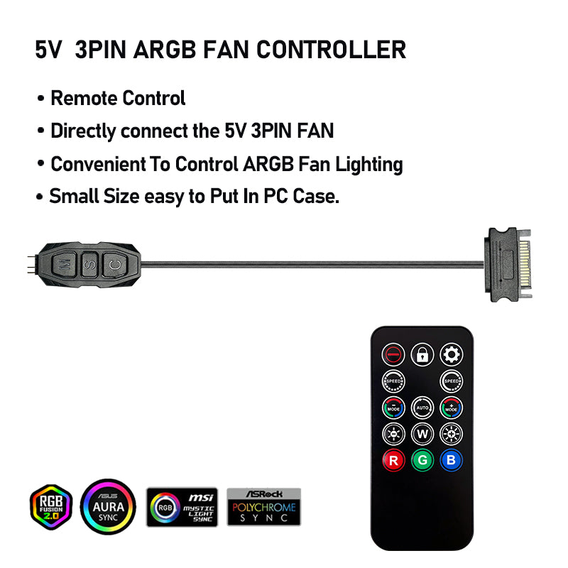 ARGB Controller Kit for PC RGB Case Fans, ARGB Splitter, SATA Power RGB Fan Controller, Computer ARGB Fans Hub Control RGB and Single Light Effect, 14 Key Remote Control Switch Colors RGB Fan hub
