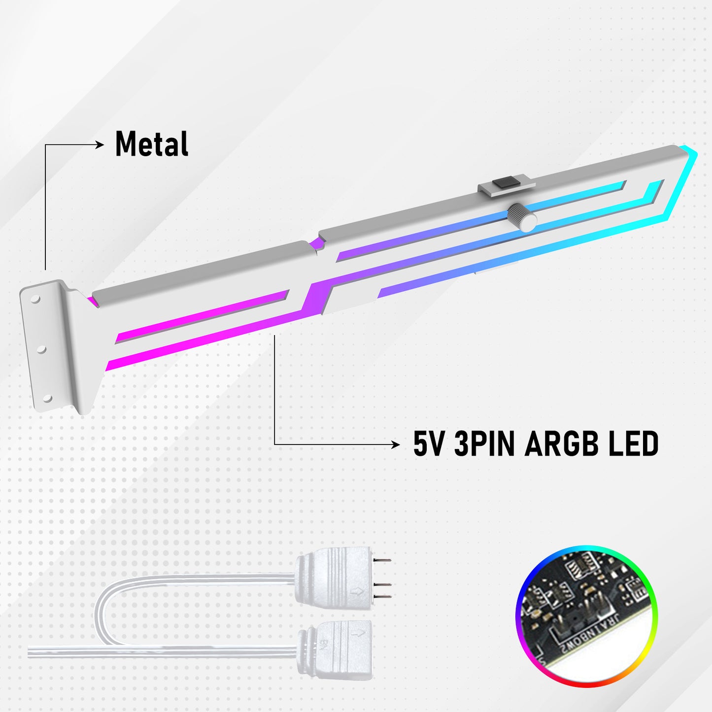 ARGB GPU Support Bracket, RGB GPU Brace Support, 5V 3Pin addressable GPU Holder, 5v 3pin ARGB White GPU Support Video Card sag Holder, Adjustable Length and Height GPU Stand (White)